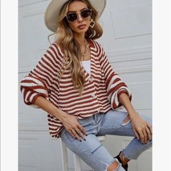 NEW Striped Button Down Long Sweater Cardigan - Picture 3 of 9